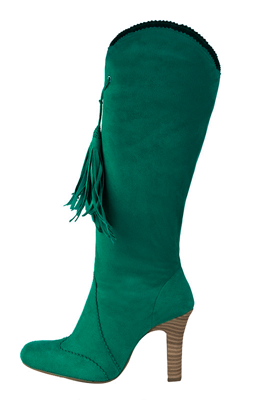 Emerald green women's cowboy boots. Round toe. Very high kitten heels. Made to measure. Profile view - Florence KOOIJMAN